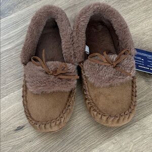 Kids Brown Faux-Suede Moccasin Slippers with Faux-Fur Collar